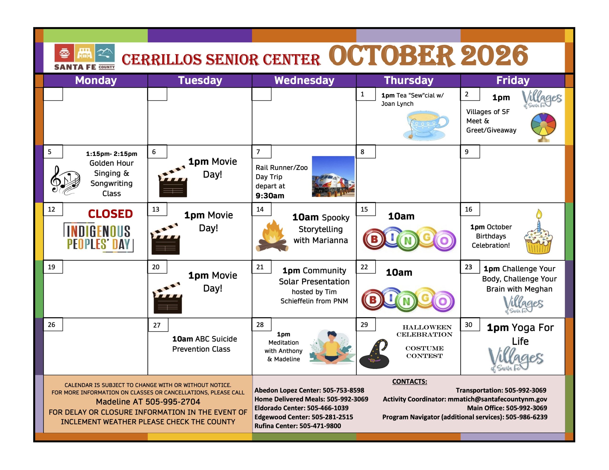 Cerrillos Senior Center October Calender
